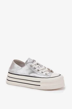 Discount GOE Skórzane Trampki Damskie Na Platformie RR2N4108 Srebrne Srebrny