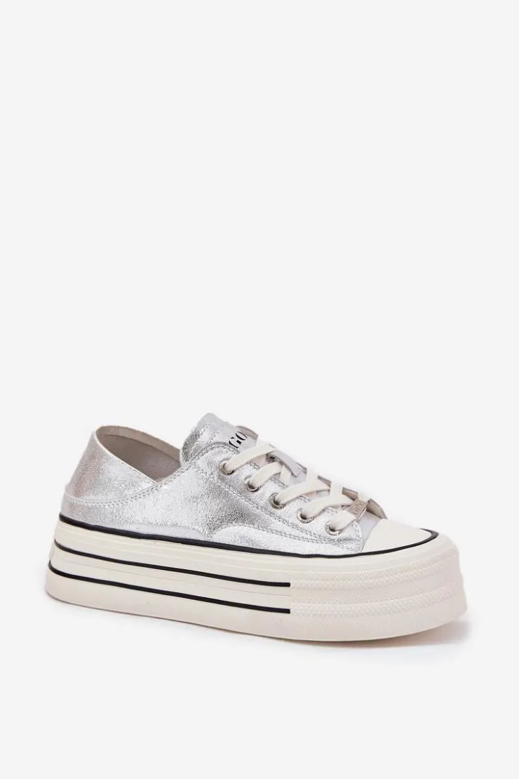 Discount GOE Skórzane Trampki Damskie Na Platformie RR2N4108 Srebrne Srebrny