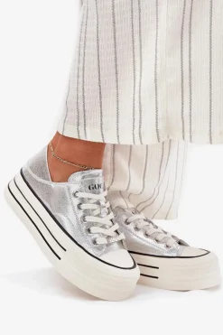 Discount GOE Skórzane Trampki Damskie Na Platformie RR2N4108 Srebrne Srebrny