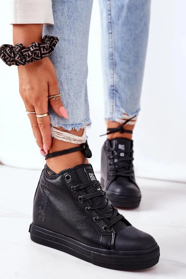 Big Star Shoes Trampki Damskie Big Star|Big Star*Skórzane Trampki Na Koturnie Big Star EE274127 Czarne