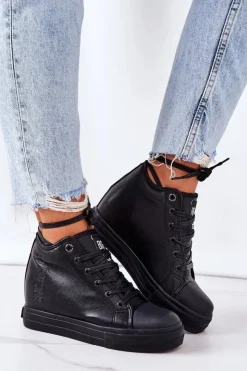 Big Star Shoes Trampki Damskie Big Star|Big Star*Skórzane Trampki Na Koturnie Big Star EE274127 Czarne