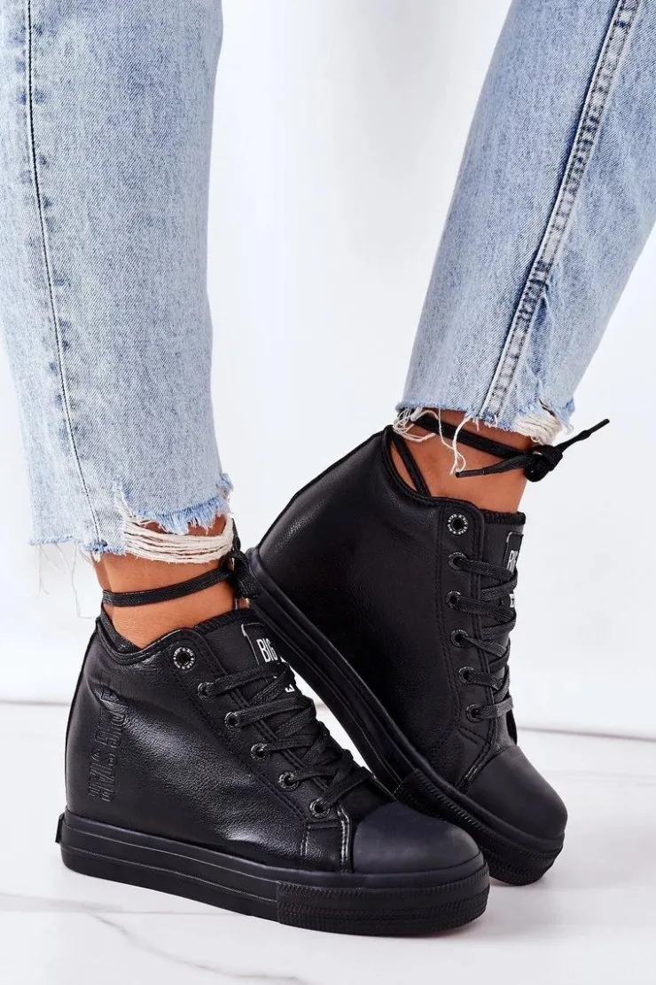 Big Star Shoes Trampki Damskie Big Star|Big Star*Skórzane Trampki Na Koturnie Big Star EE274127 Czarne