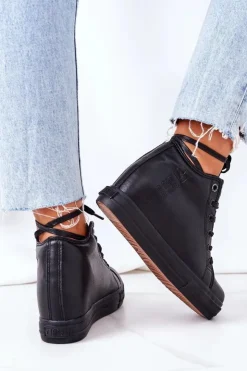 Big Star Shoes Trampki Damskie Big Star|Big Star*Skórzane Trampki Na Koturnie Big Star EE274127 Czarne