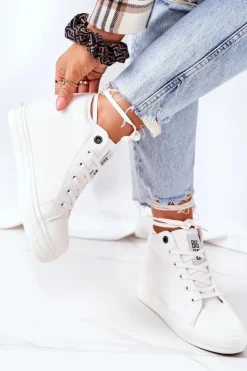 Damskie Big Star Shoes Skórzane Trampki Na Koturnie Big Star EE274128 Białe