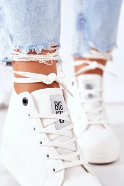 Damskie Big Star Shoes Skórzane Trampki Na Koturnie Big Star EE274128 Białe
