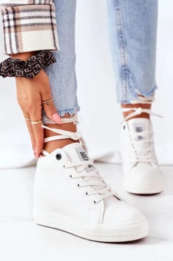 Damskie Big Star Shoes Skórzane Trampki Na Koturnie Big Star EE274128 Białe