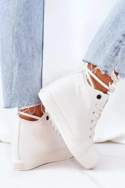 Damskie Big Star Shoes Skórzane Trampki Na Koturnie Big Star EE274128 Białe