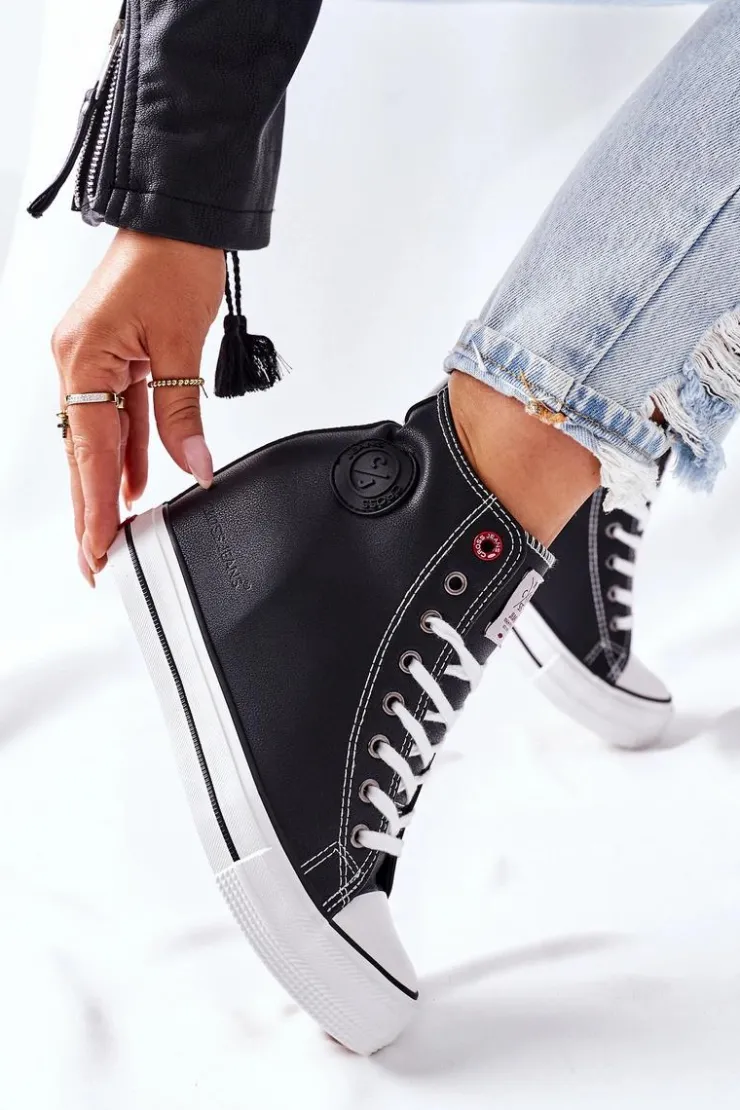 Cross Jeans Trampki Damskie Cross Jeans|Sneakersy Damskie*Skórzane Trampki Na Koturnie II2R4025 Czarne