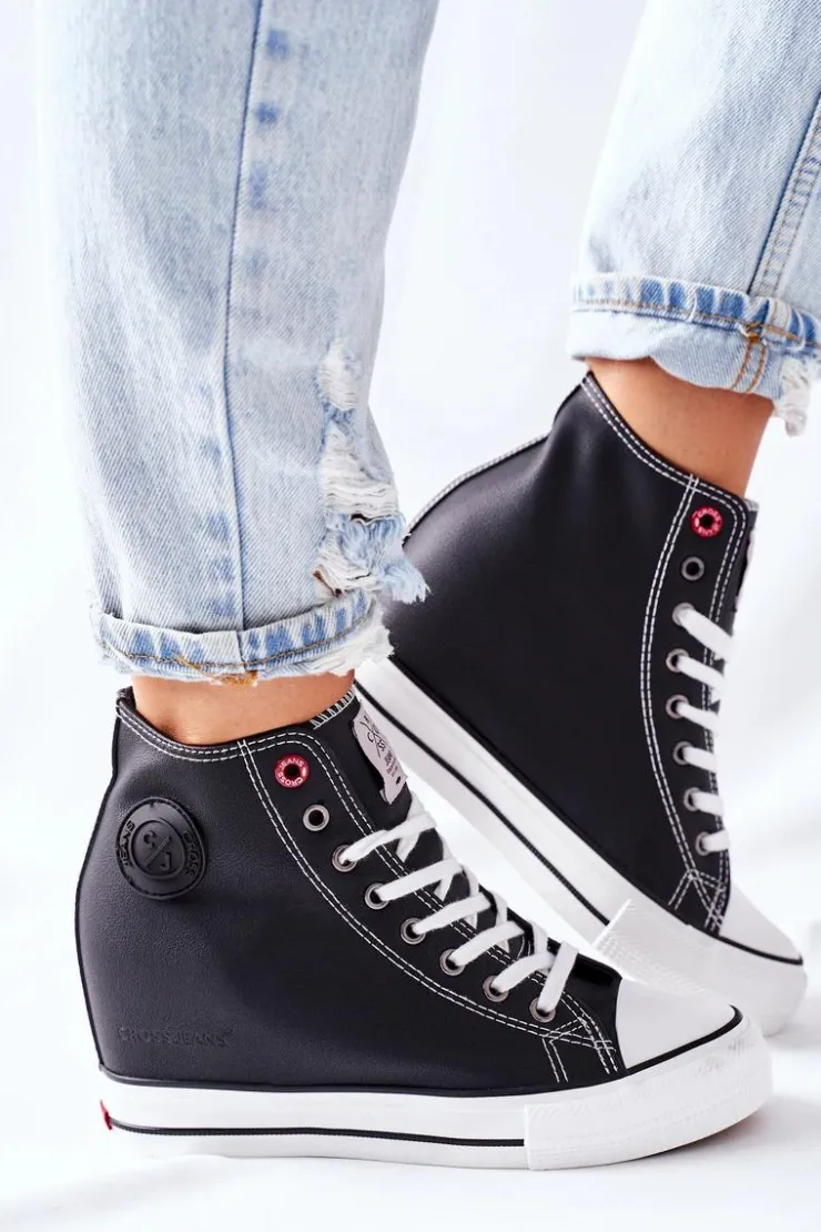 Cross Jeans Trampki Damskie Cross Jeans|Sneakersy Damskie*Skórzane Trampki Na Koturnie II2R4025 Czarne