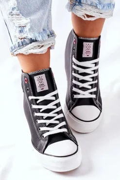 Cross Jeans Trampki Damskie Cross Jeans|Sneakersy Damskie*Skórzane Trampki Na Koturnie II2R4025 Czarne