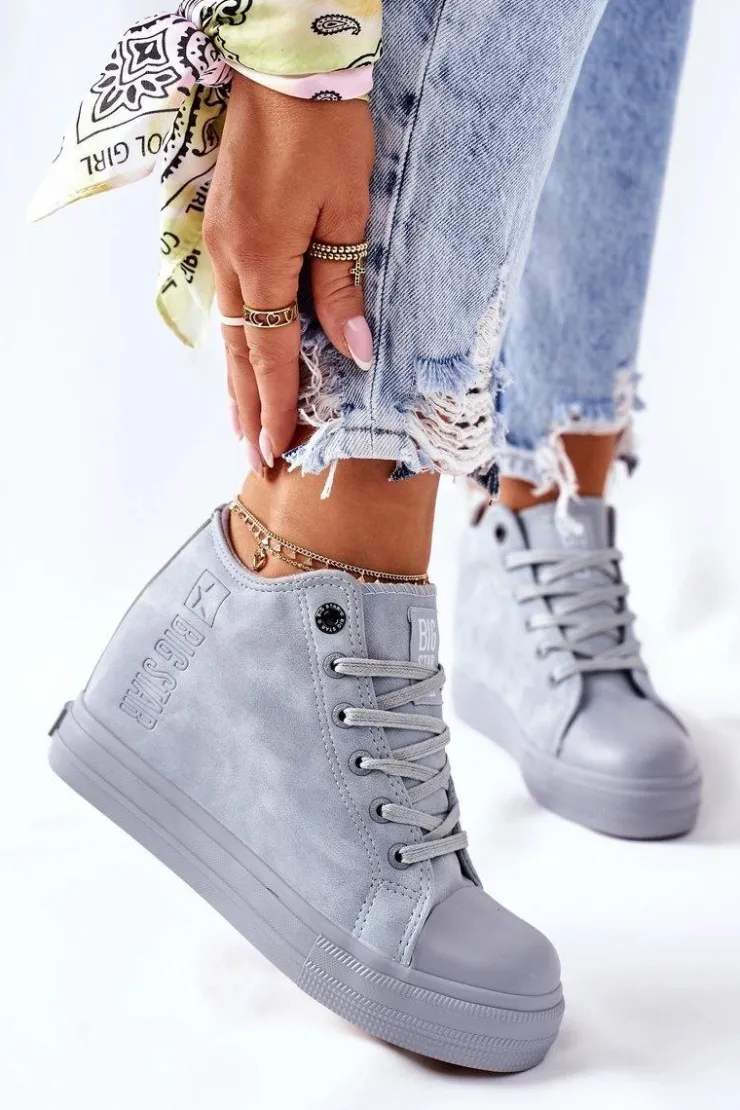 Big Star Shoes Trampki Damskie Big Star|Big Star*Skórzane Trampki Na Koturnie Big Star II274094 Niebieskie