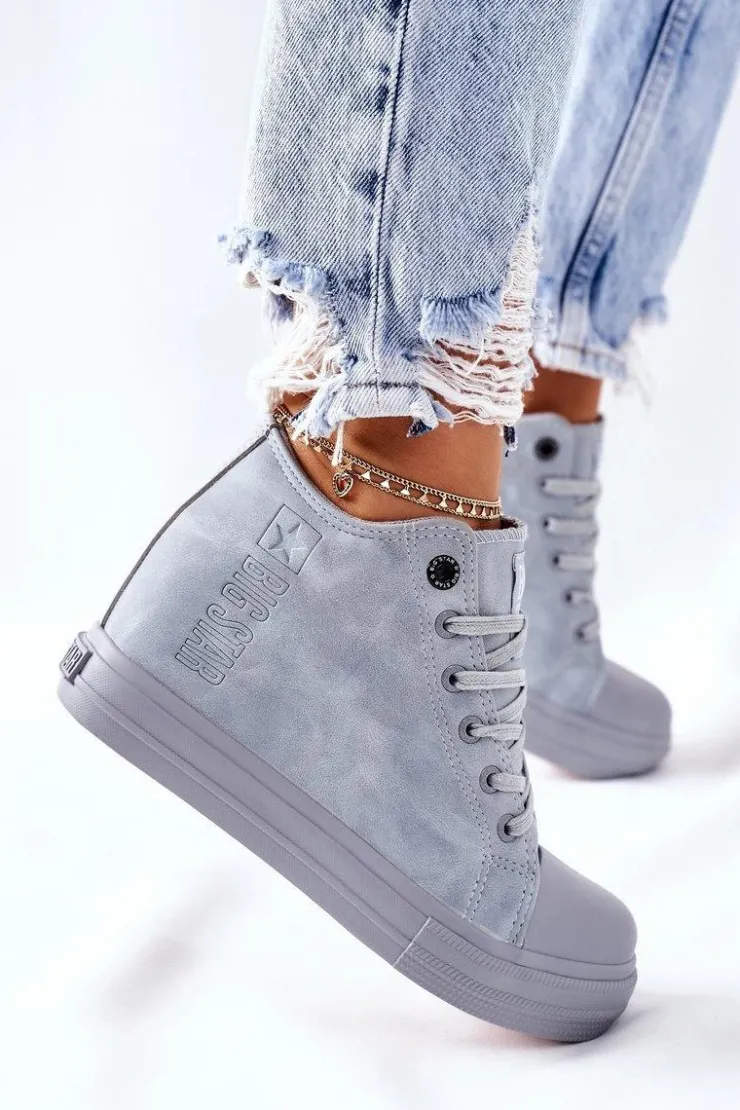 Big Star Shoes Trampki Damskie Big Star|Big Star*Skórzane Trampki Na Koturnie Big Star II274094 Niebieskie