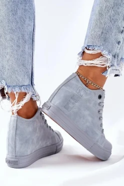 Big Star Shoes Trampki Damskie Big Star|Big Star*Skórzane Trampki Na Koturnie Big Star II274094 Niebieskie