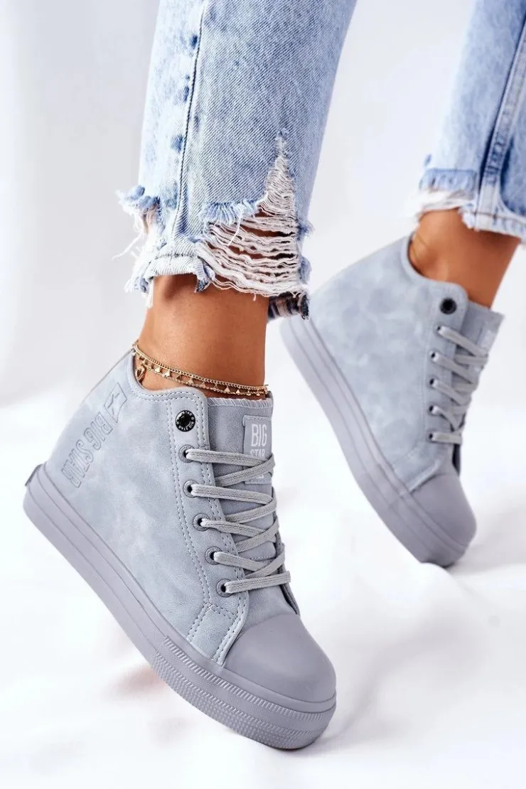 Big Star Shoes Trampki Damskie Big Star|Big Star*Skórzane Trampki Na Koturnie Big Star II274094 Niebieskie