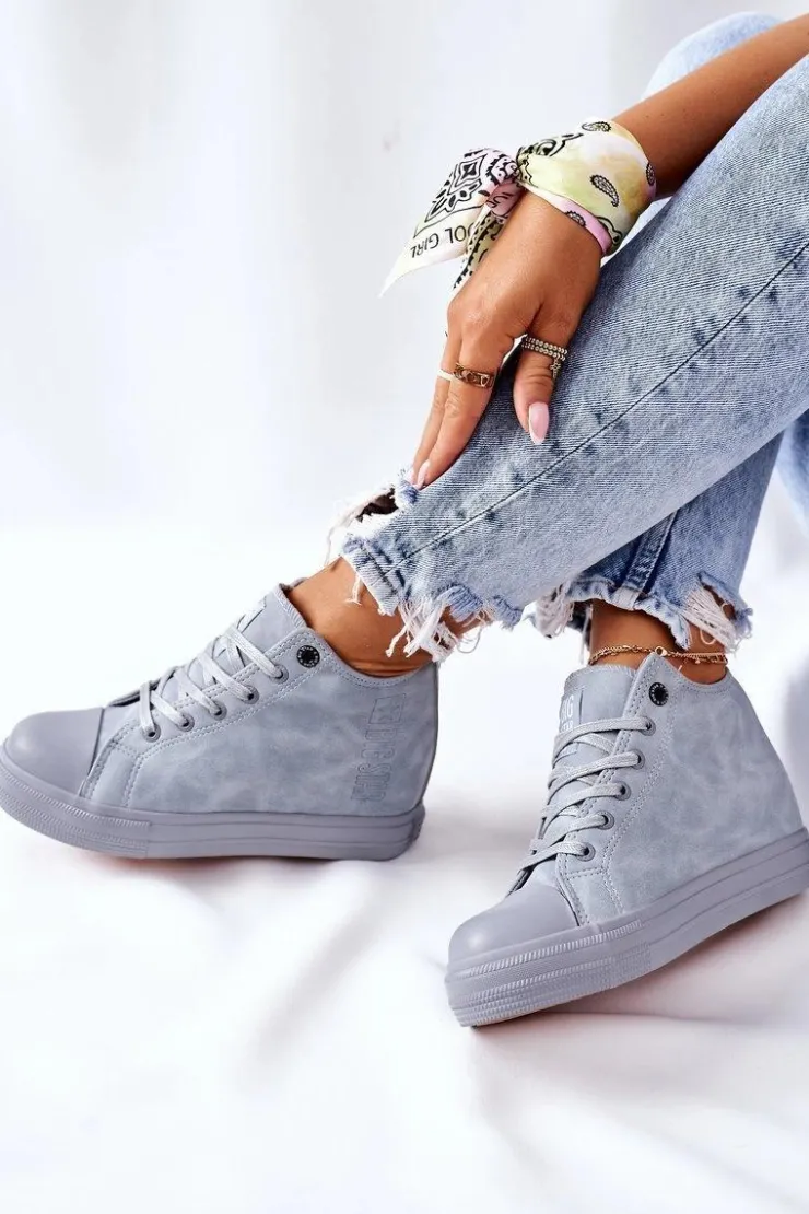 Big Star Shoes Trampki Damskie Big Star|Big Star*Skórzane Trampki Na Koturnie Big Star II274094 Niebieskie