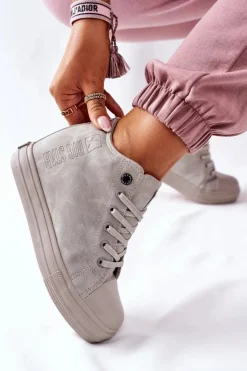 Damskie Big Star Shoes Skórzane Trampki Na Koturnie Big Star II274093 Szare
