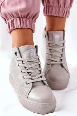 Damskie Big Star Shoes Skórzane Trampki Na Koturnie Big Star II274093 Szare