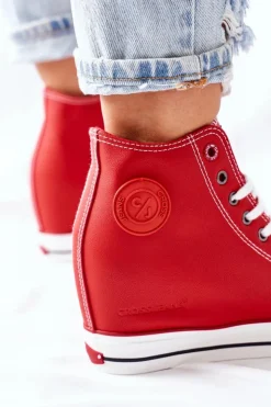 Damskie Cross Jeans Skórzane Trampki Na Koturnie II2R4026 Czerwone