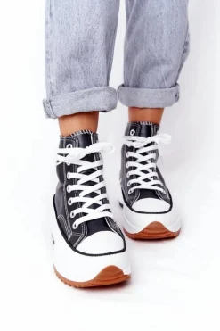 Damskie Boto Skórzane Trampki Na Platformie Czarne Coachella