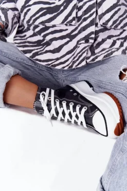 Damskie Boto Skórzane Trampki Na Platformie Czarne Coachella