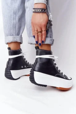 Damskie Boto Skórzane Trampki Na Platformie Czarne Coachella