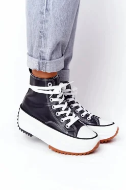 Damskie Boto Skórzane Trampki Na Platformie Czarne Coachella