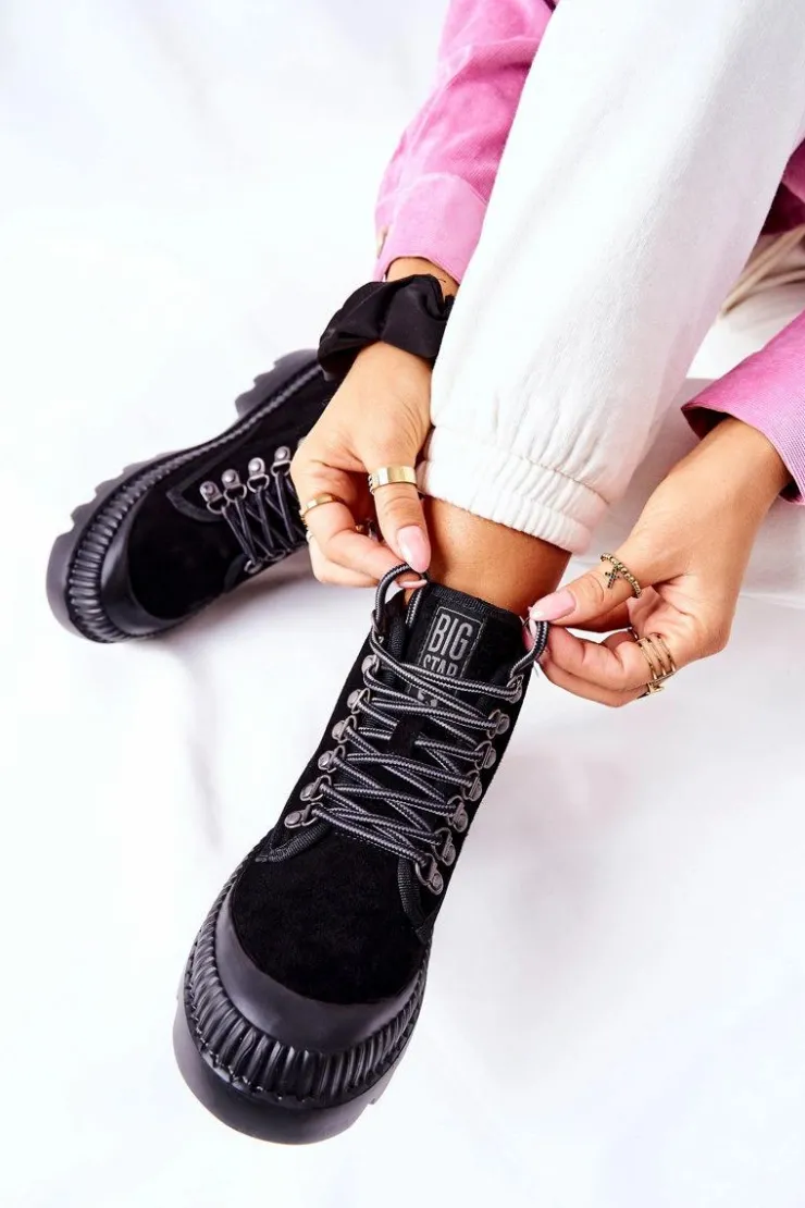 New Big Star Shoes Skórzane Trapery Botki Big Star II274363 Czarne Czarny