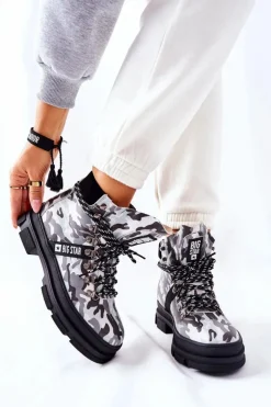 Big Star Shoes Damskie Trapery|Botki Skórzane*Skórzane Trapery Botki Big Star II274368 Moro Czarne