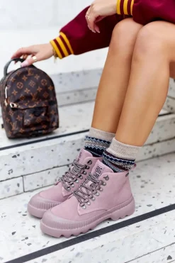 Damskie Big Star Shoes Skórzane Trapery Botki Big Star II274367 Różowe