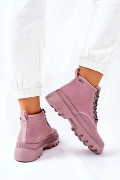 Damskie Big Star Shoes Skórzane Trapery Botki Big Star II274367 Różowe