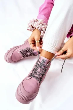Damskie Big Star Shoes Skórzane Trapery Botki Big Star II274367 Różowe
