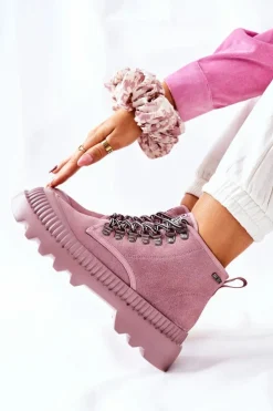 Damskie Big Star Shoes Skórzane Trapery Botki Big Star II274367 Różowe