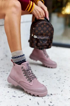 Damskie Big Star Shoes Skórzane Trapery Botki Big Star II274367 Różowe