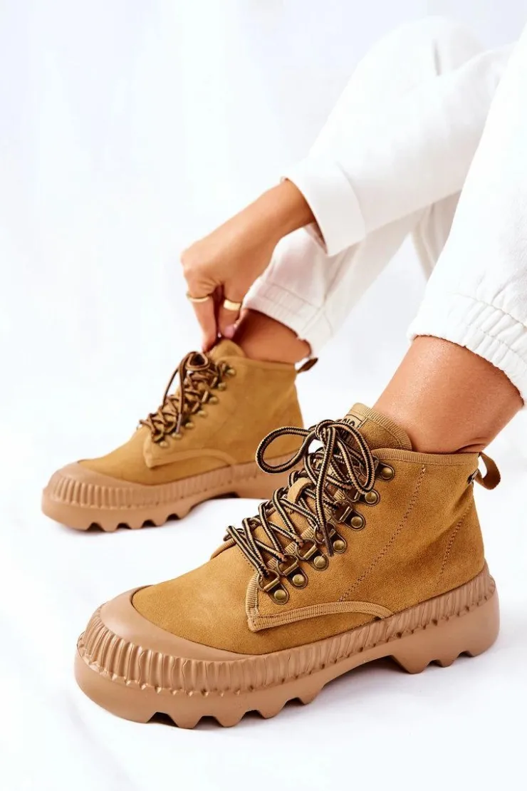 Damskie Big Star Shoes Skórzane Trapery Botki Big Star II274366 Camel