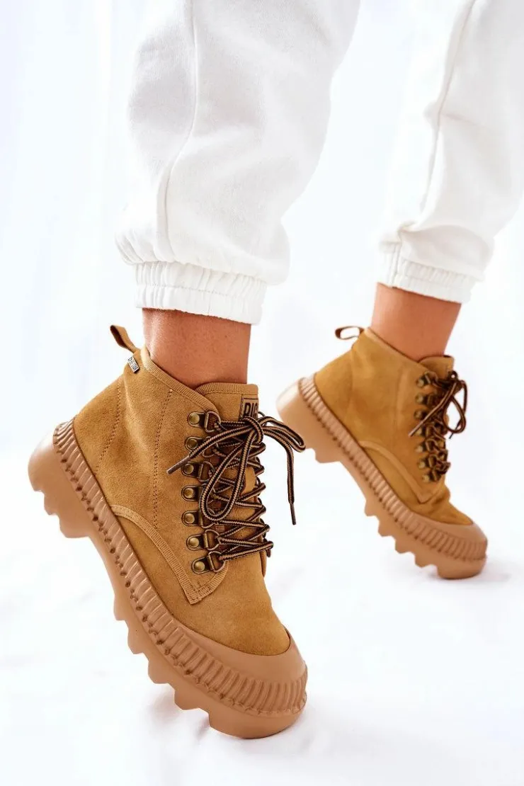 Damskie Big Star Shoes Skórzane Trapery Botki Big Star II274366 Camel