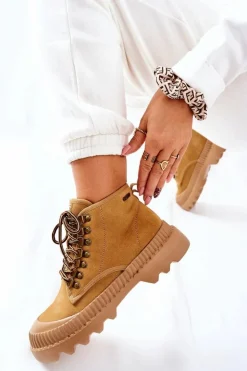 Damskie Big Star Shoes Skórzane Trapery Botki Big Star II274366 Camel