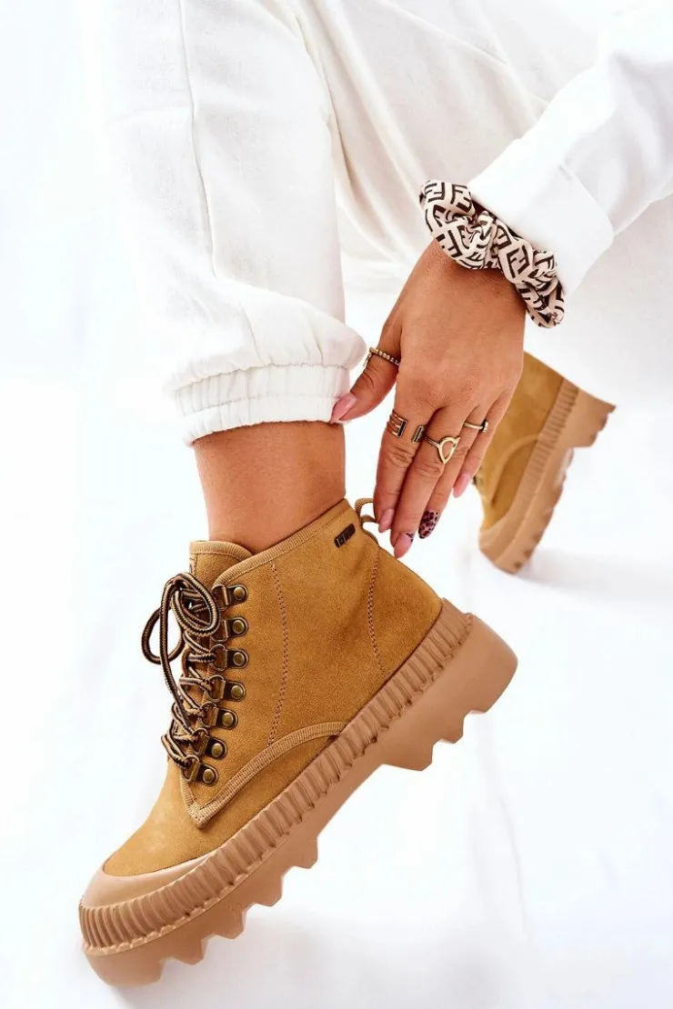 Damskie Big Star Shoes Skórzane Trapery Botki Big Star II274366 Camel