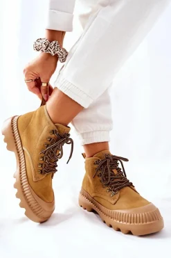 Damskie Big Star Shoes Skórzane Trapery Botki Big Star II274366 Camel