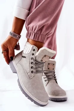 New Boto Skórzane Trapery Z Ociepleniem Jasnoszare Laralis