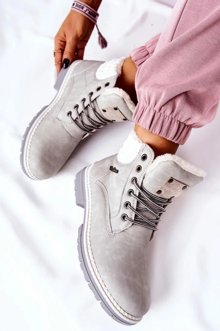 New Boto Skórzane Trapery Z Ociepleniem Jasnoszare Laralis