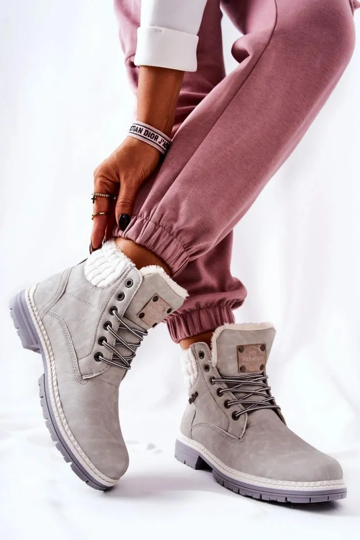 New Boto Skórzane Trapery Z Ociepleniem Jasnoszare Laralis