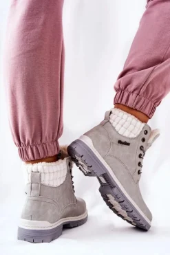 New Boto Skórzane Trapery Z Ociepleniem Jasnoszare Laralis