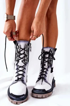 Maciejka Botki Maciejka|Botki Sznurowane*Skórzane Trzewiki Botki Ocieplane Białe 05113-11