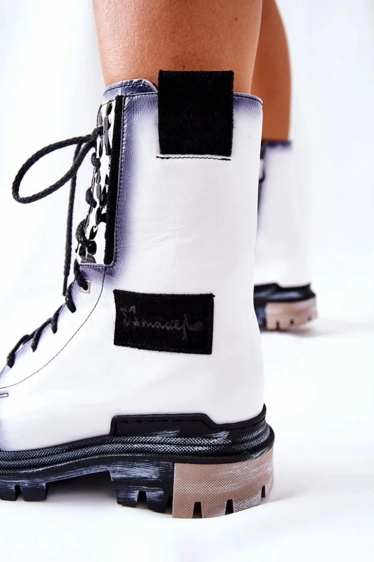 Maciejka Botki Maciejka|Botki Sznurowane*Skórzane Trzewiki Botki Ocieplane Białe 05113-11