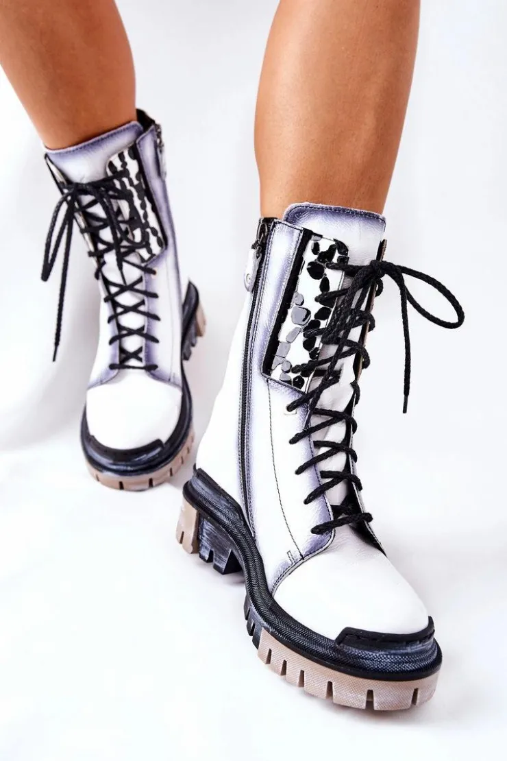 Maciejka Botki Maciejka|Botki Sznurowane*Skórzane Trzewiki Botki Ocieplane Białe 05113-11