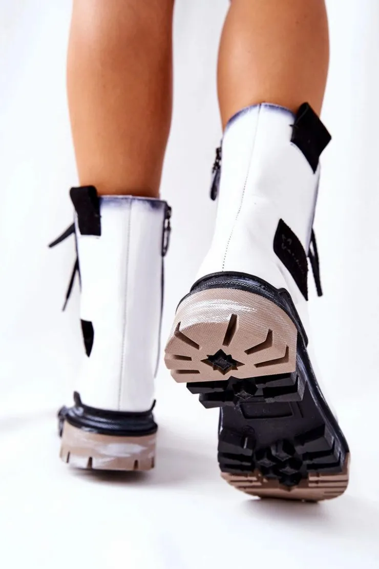 Maciejka Botki Maciejka|Botki Sznurowane*Skórzane Trzewiki Botki Ocieplane Białe 05113-11