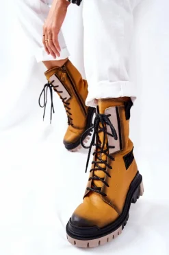 Sale Maciejka Skórzane Trzewiki Botki Ocieplane Żółte 05113-07