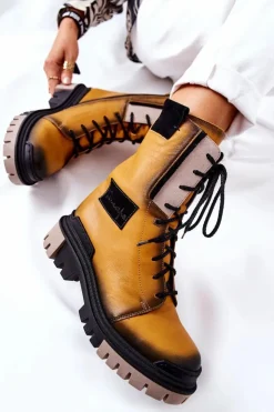 Sale Maciejka Skórzane Trzewiki Botki Ocieplane Żółte 05113-07