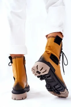 Sale Maciejka Skórzane Trzewiki Botki Ocieplane Żółte 05113-07