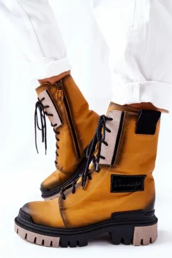 Sale Maciejka Skórzane Trzewiki Botki Ocieplane Żółte 05113-07